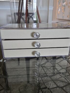 Clear Acrylic Velvet New Jewelry Organizer with Cream Drawers and Crystal Knobs